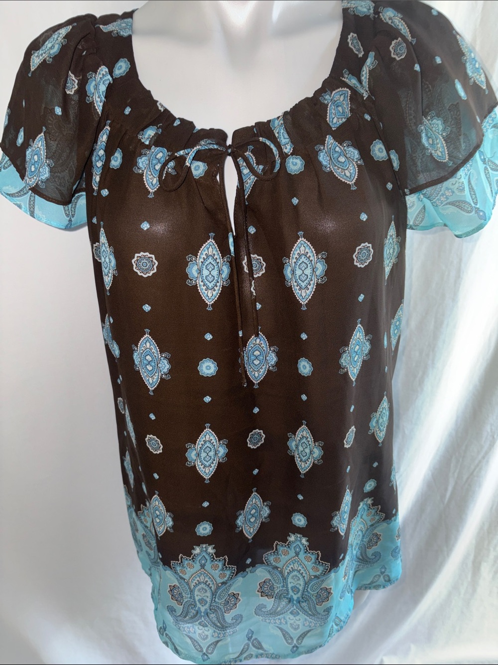 Apt. 9 Women's Black & Teal Paisley Flutter Peasant Blouse
